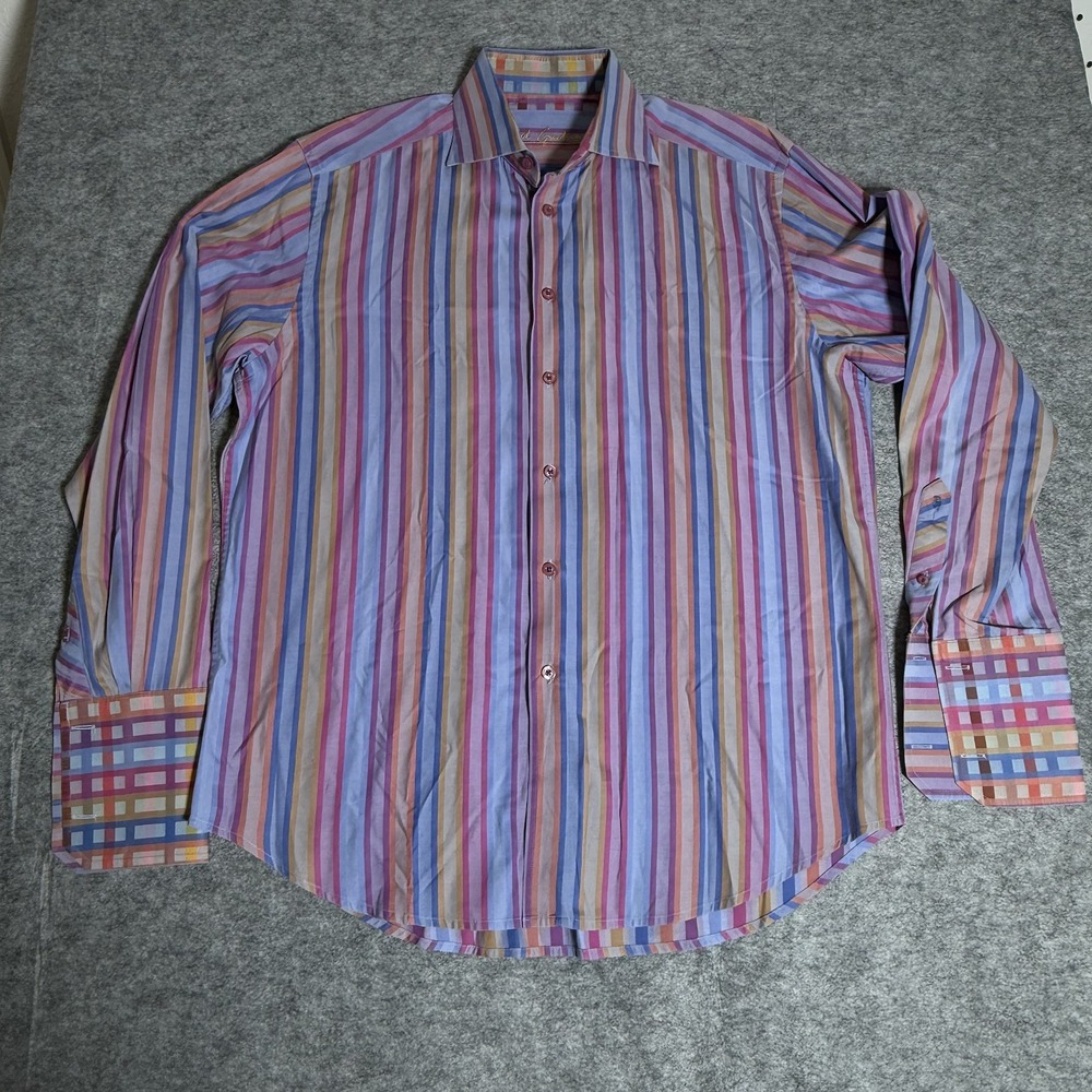 Robert Graham Button Up Men L Flip Cuff Cotton Multicolor Striped Shirt‎
